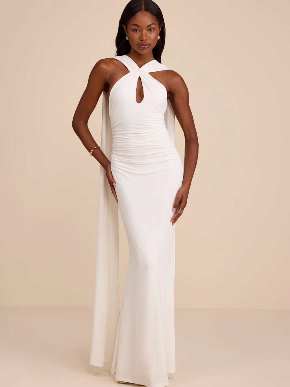 BRIDAL Lulu's Cream Halter Maxi Gown with Keyhole and Draped Back